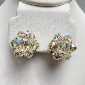Vintage AB Crystal Cluster Clip Earrings Retro 50s Glam